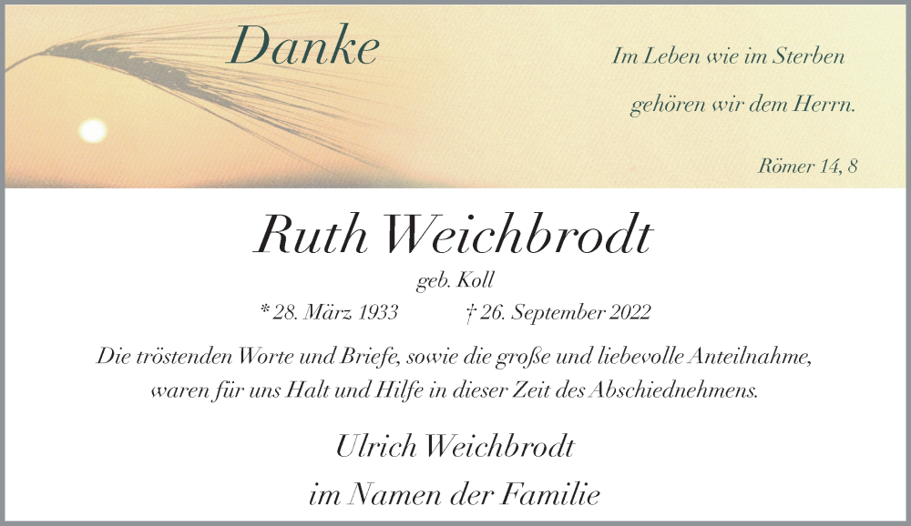  Traueranzeige für Ruth Weichbrodt vom 05.11.2022 aus Rheinische Post