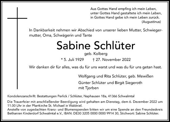Traueranzeige von Sabine Schlüter von Rheinische Post