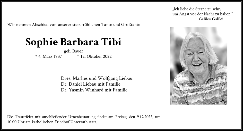  Traueranzeige für Sophie Barbara Tibi vom 25.11.2022 aus Rheinische Post