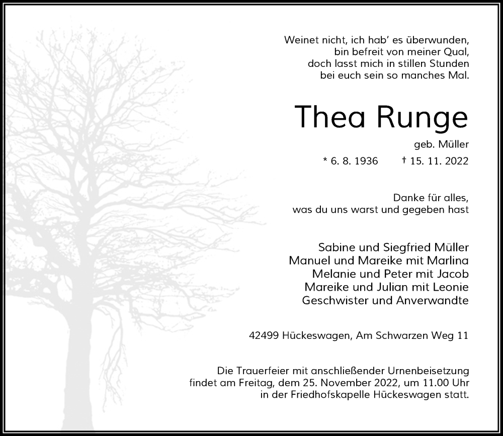  Traueranzeige für Thea Runge vom 19.11.2022 aus Rheinische Post
