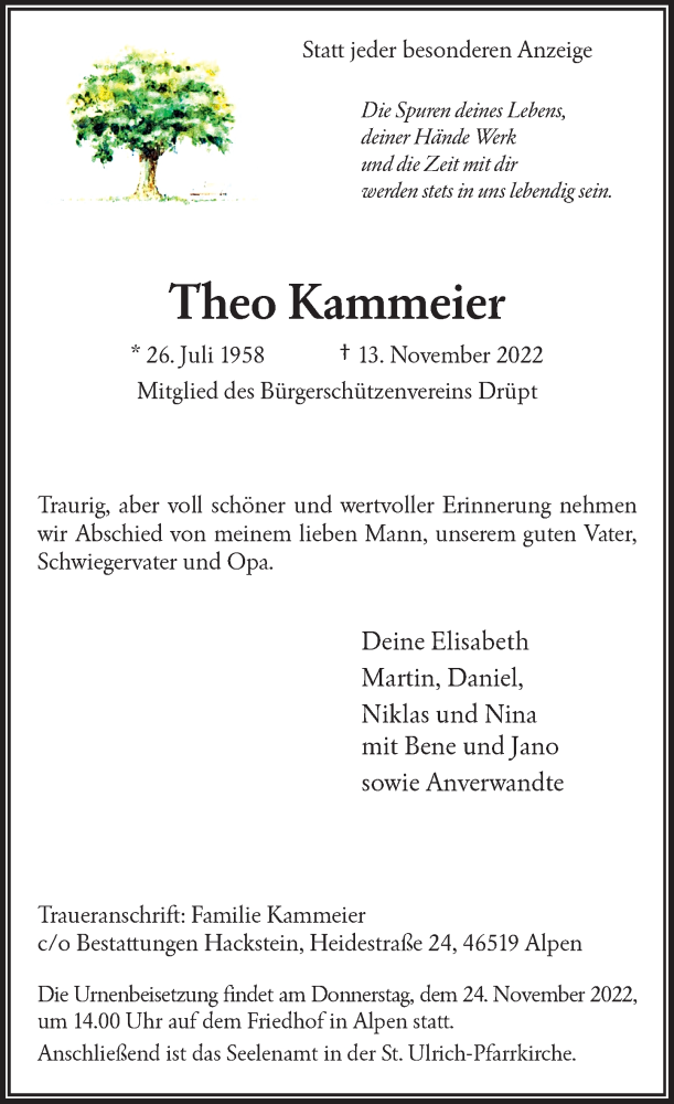  Traueranzeige für Theo Kammeier vom 19.11.2022 aus Rheinische Post
