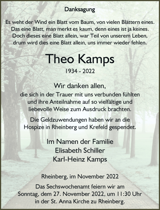 Traueranzeige von Theo Kamps von Rheinische Post