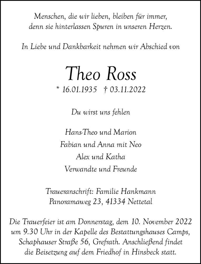  Traueranzeige für Theo Ross vom 08.11.2022 aus Rheinische Post