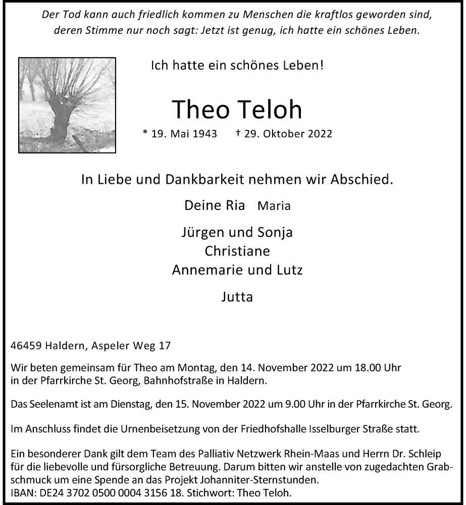  Traueranzeige für Theo Teloh vom 10.11.2022 aus Rheinische Post