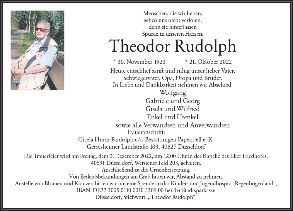  Traueranzeige für Theodor Rudolph vom 26.11.2022 aus Rheinische Post