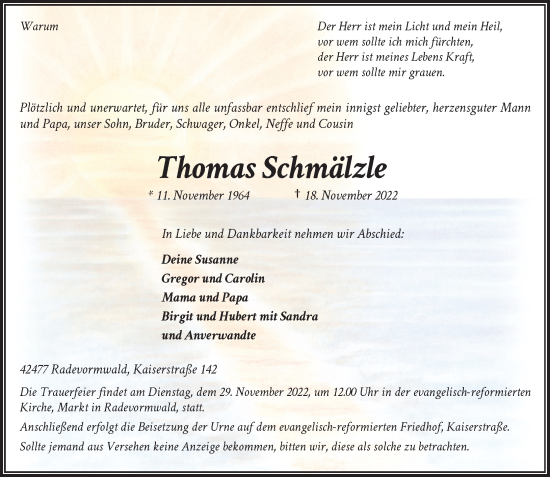 Traueranzeige von Thomas Schmälzle von Rheinische Post