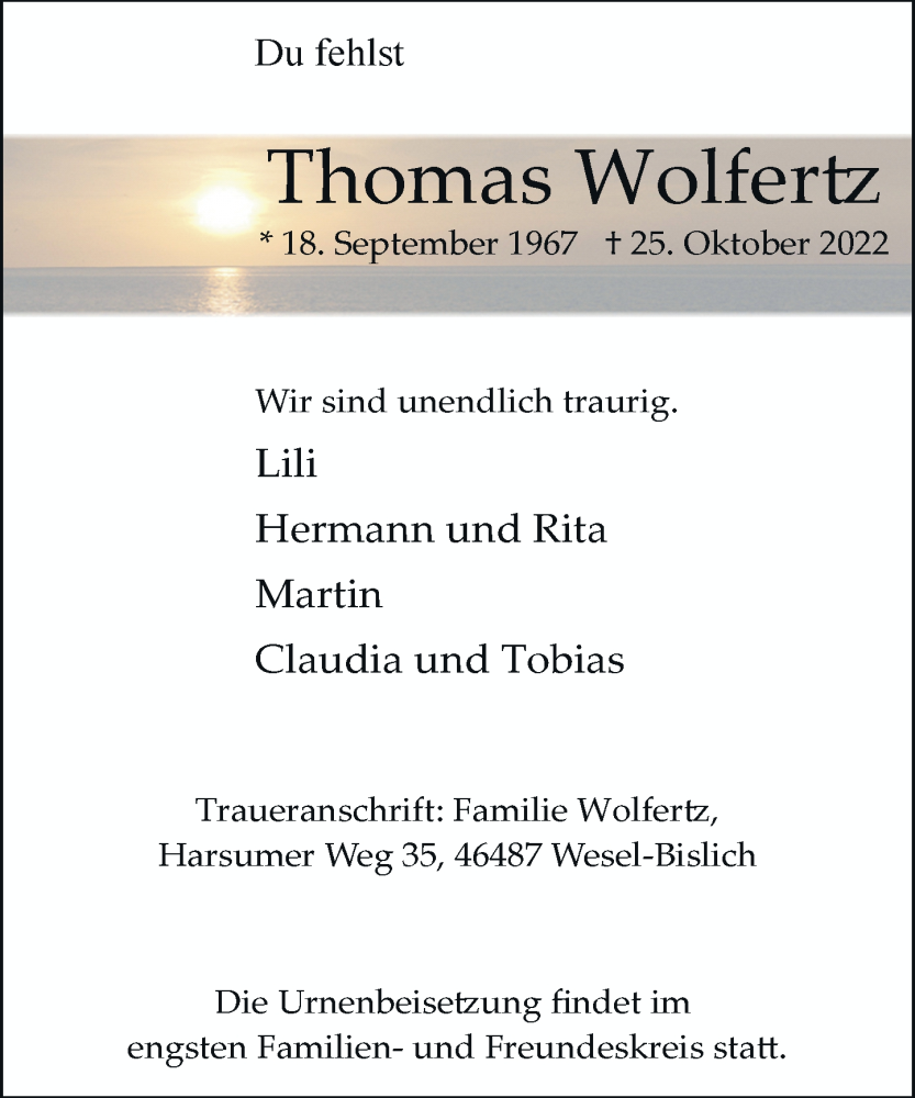  Traueranzeige für Thomas Wolfertz vom 12.11.2022 aus Rheinische Post