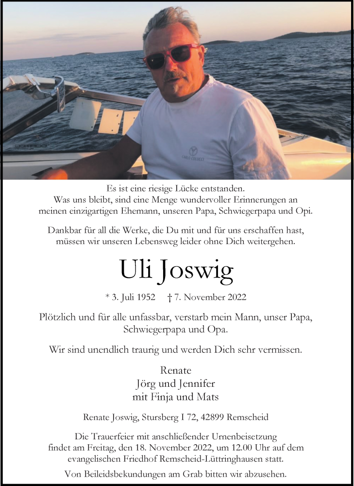  Traueranzeige für Uli Joswig vom 12.11.2022 aus Rheinische Post