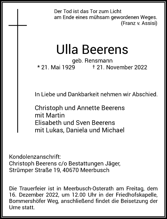 Traueranzeige von Ulla Beerens von Rheinische Post