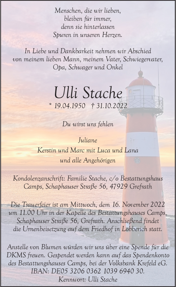  Traueranzeige für Ulli Stache vom 05.11.2022 aus Rheinische Post