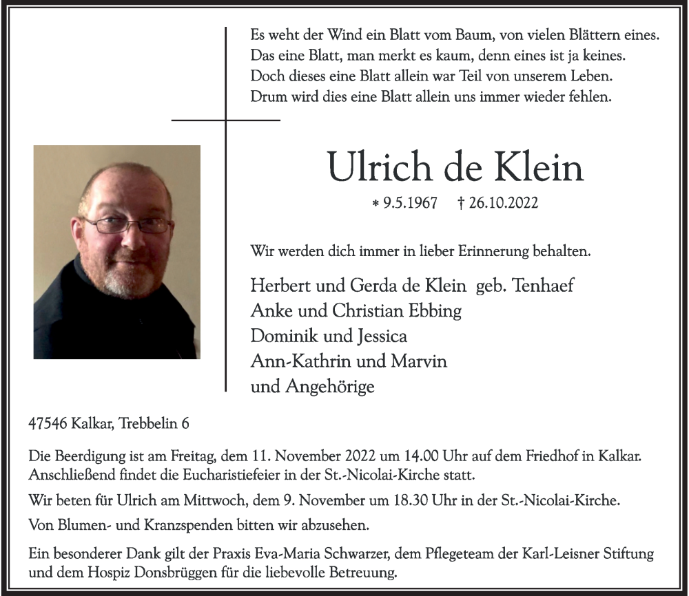  Traueranzeige für Ulrich de Klein vom 05.11.2022 aus Rheinische Post