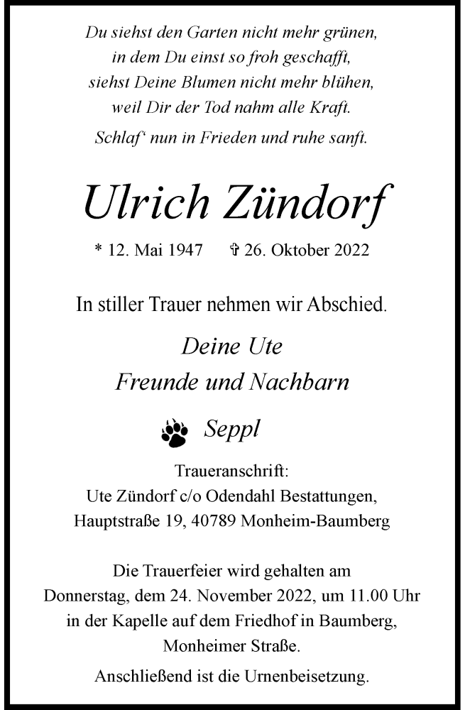  Traueranzeige für Ulrich Zündorf vom 19.11.2022 aus Rheinische Post