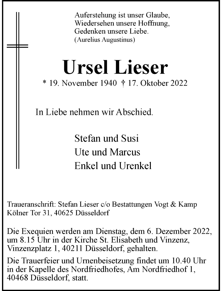  Traueranzeige für Ursel Lieser vom 26.11.2022 aus Rheinische Post