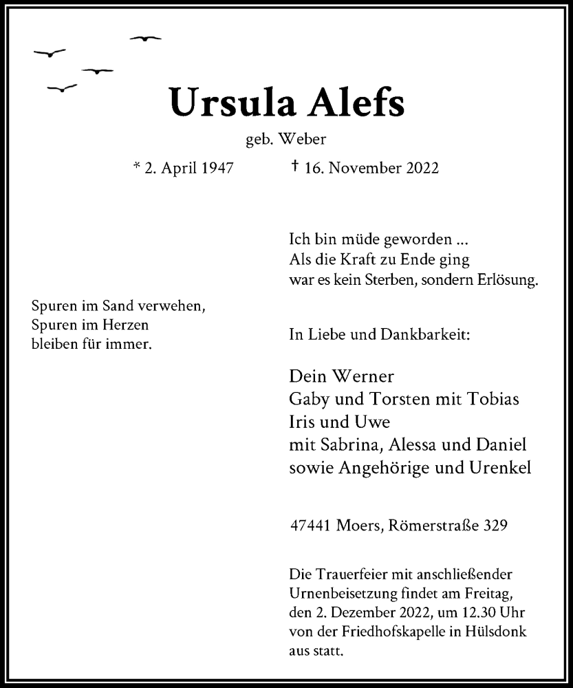  Traueranzeige für Ursula Alefs vom 26.11.2022 aus Rheinische Post