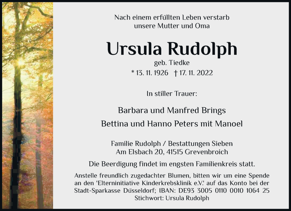  Traueranzeige für Ursula Rudolph vom 26.11.2022 aus Rheinische Post
