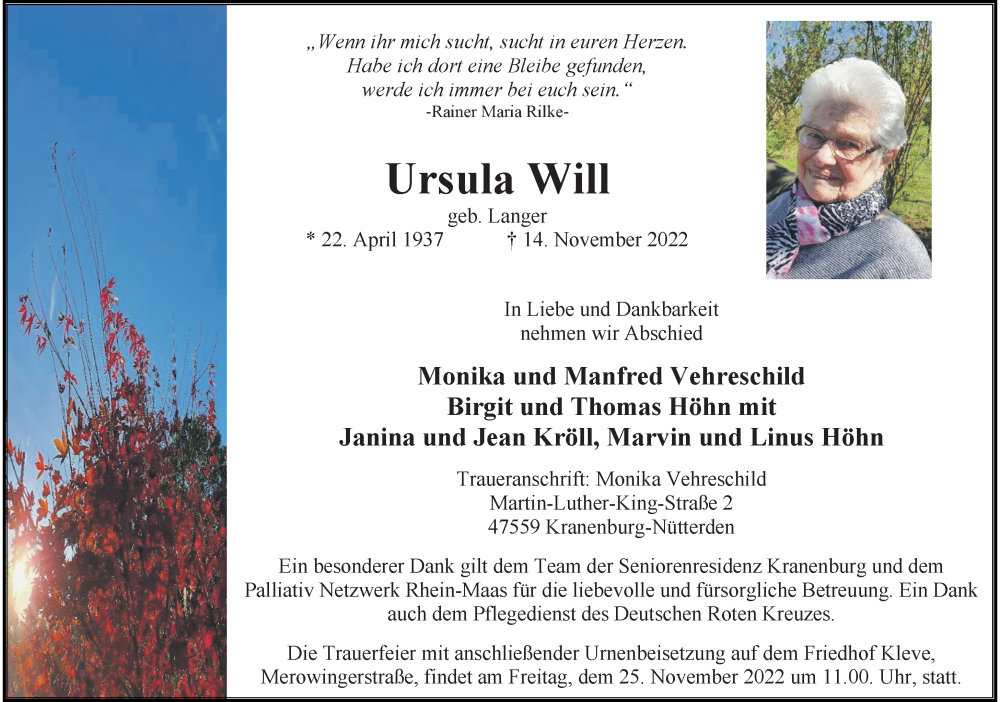  Traueranzeige für Ursula Will vom 19.11.2022 aus Rheinische Post