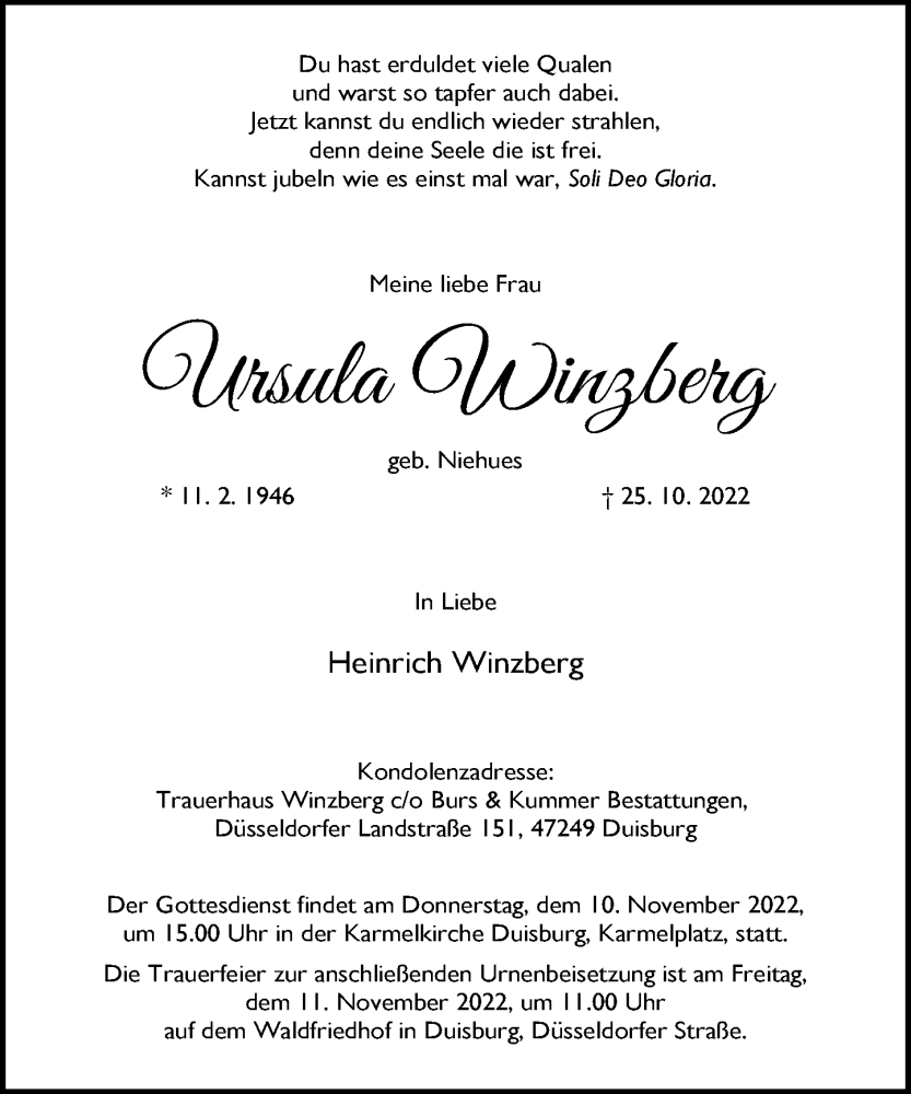  Traueranzeige für Ursula Winzberg vom 05.11.2022 aus Rheinische Post