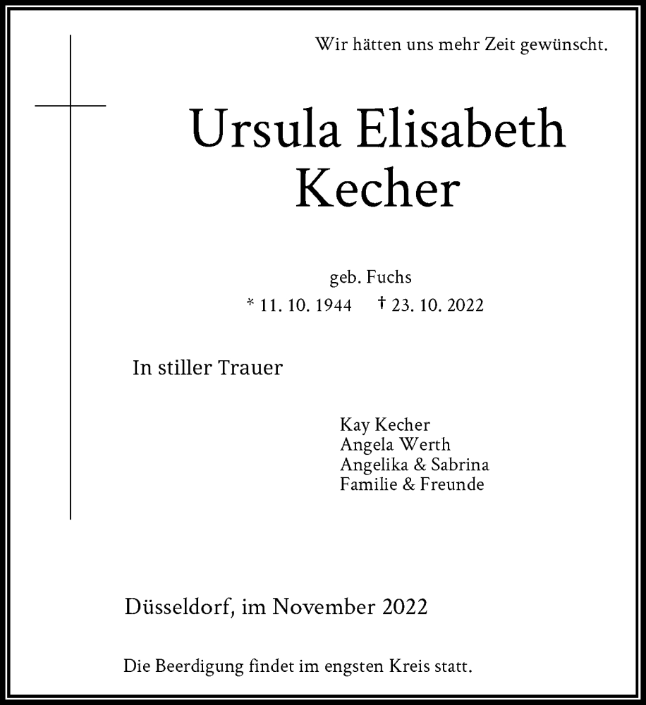  Traueranzeige für Ursula Elisabeth Kecher vom 19.11.2022 aus Rheinische Post