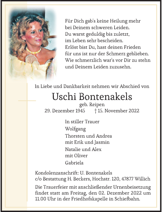 Traueranzeige von Uschi Bontenakels von Rheinische Post