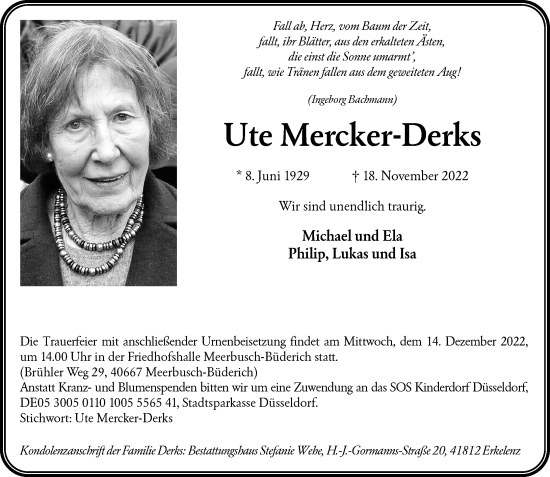Traueranzeige von Ute Mercker-Derks von Rheinische Post