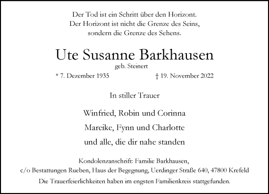 Traueranzeige von Ute Susanne Barkhausen von Rheinische Post