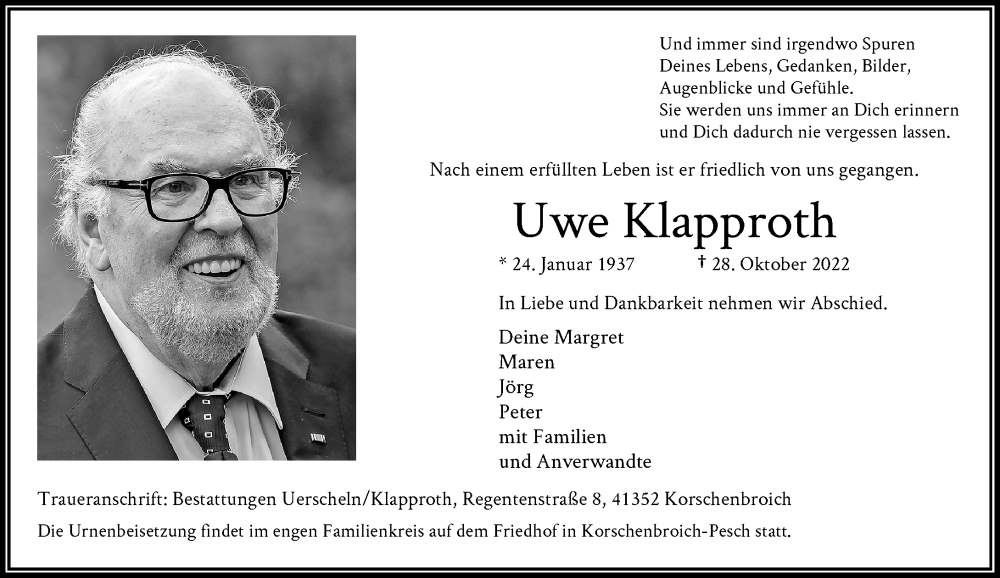  Traueranzeige für Uwe Klapproth vom 05.11.2022 aus Rheinische Post