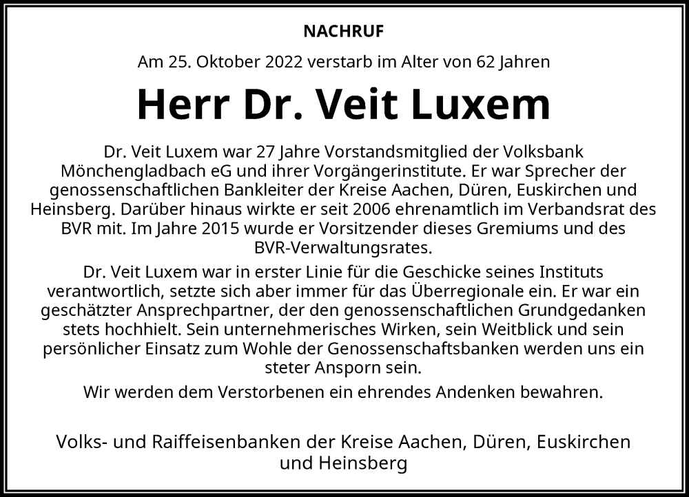  Traueranzeige für Veit Luxem vom 05.11.2022 aus Rheinische Post