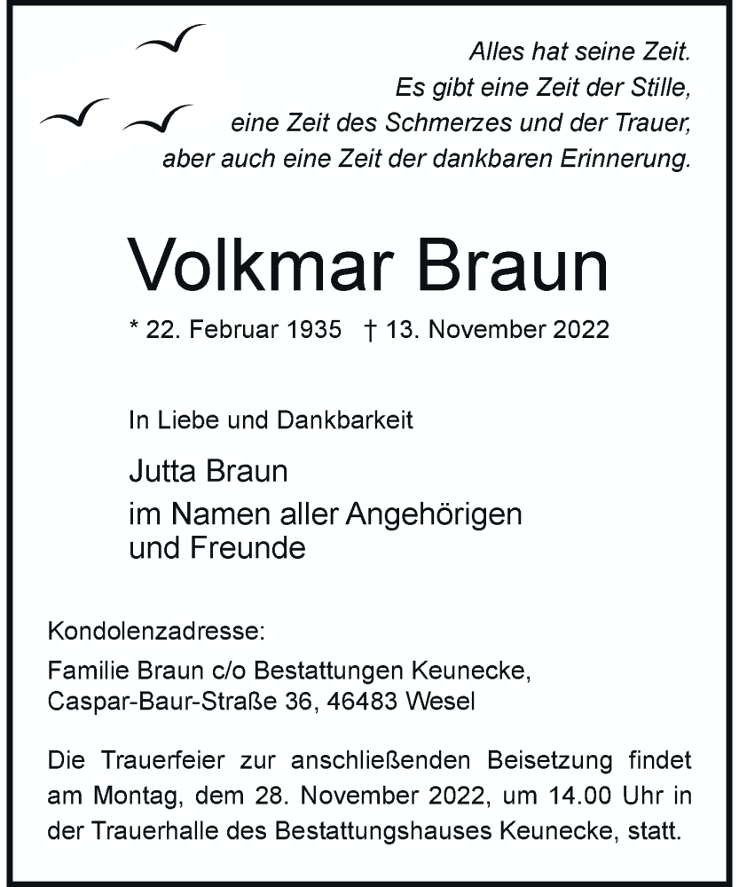  Traueranzeige für Volkmar Braun vom 19.11.2022 aus Rheinische Post