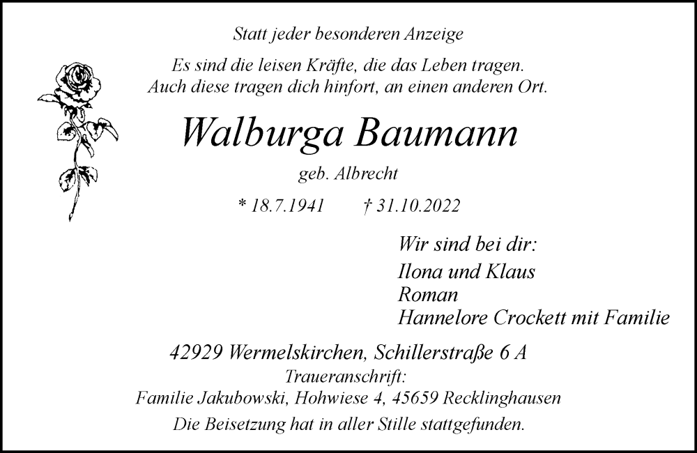  Traueranzeige für Walburga Baumann vom 17.11.2022 aus Rheinische Post