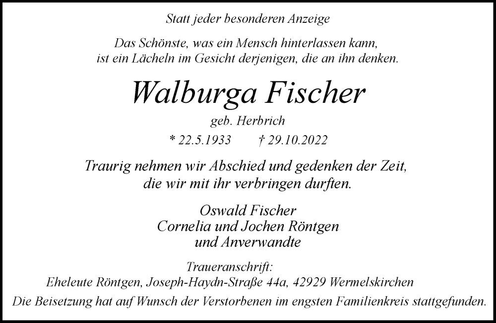  Traueranzeige für Walburga Fischer vom 19.11.2022 aus Rheinische Post