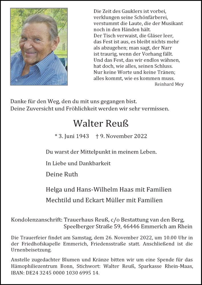  Traueranzeige für Walter Reuß vom 19.11.2022 aus Rheinische Post