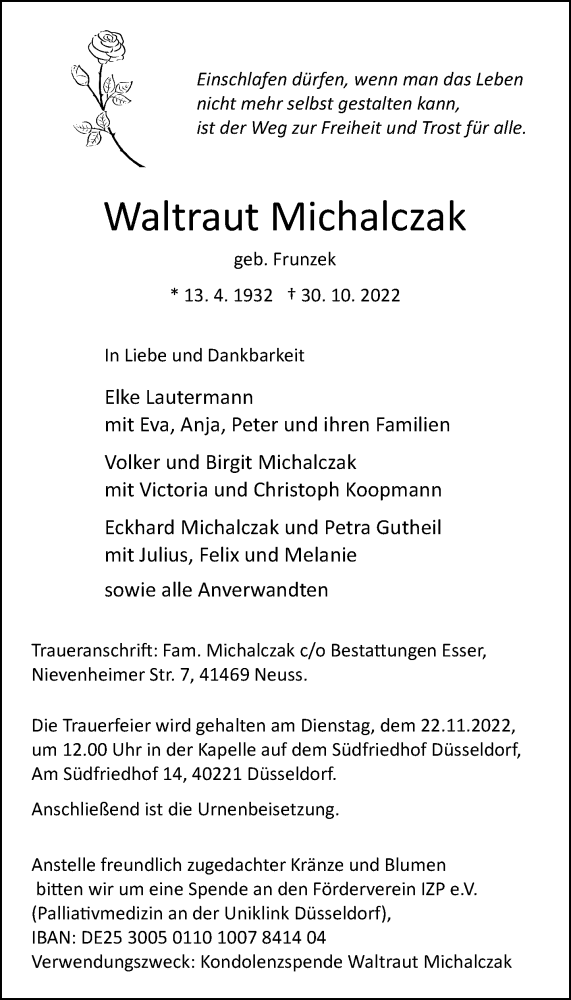  Traueranzeige für Waltraut Michalczak vom 19.11.2022 aus Rheinische Post