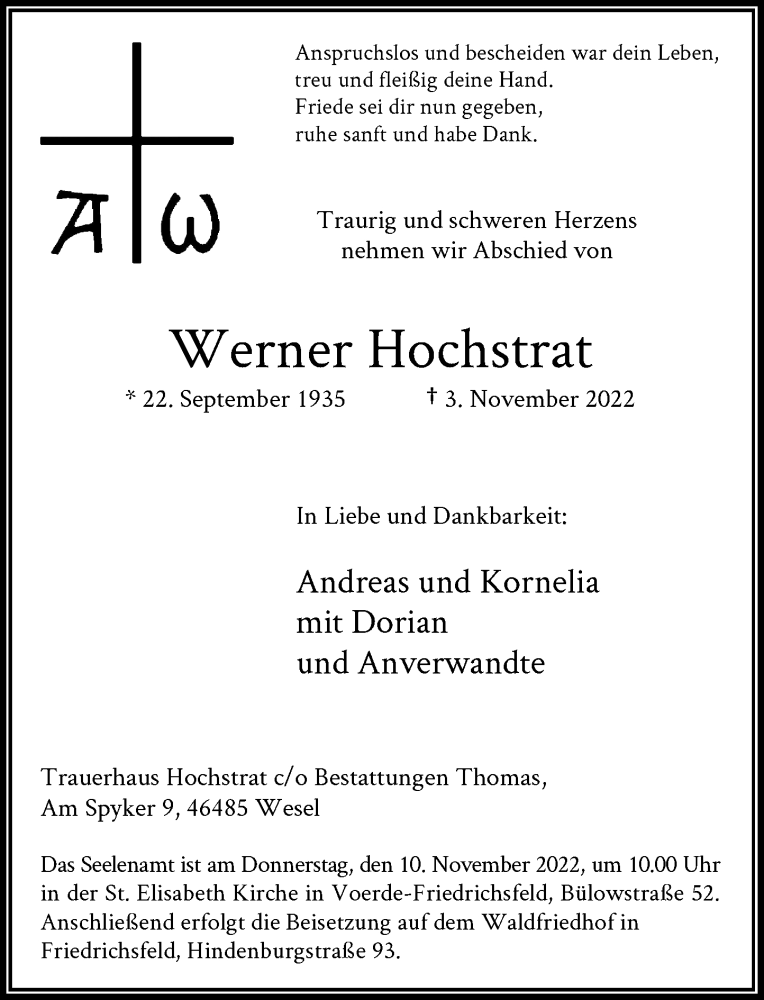  Traueranzeige für Werner Hochstrat vom 09.11.2022 aus Rheinische Post
