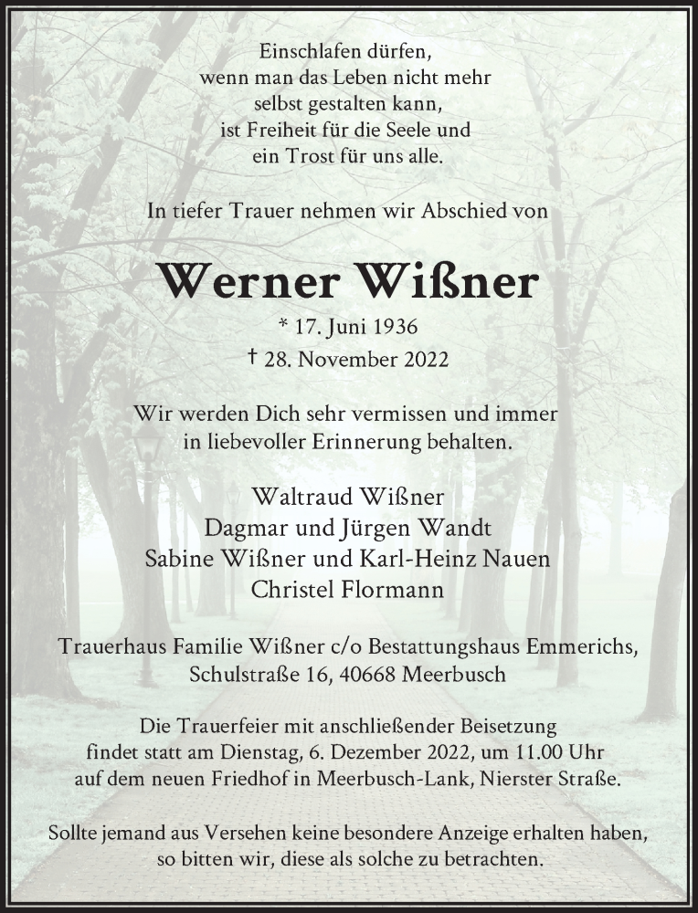  Traueranzeige für Werner Wißner vom 03.12.2022 aus Rheinische Post
