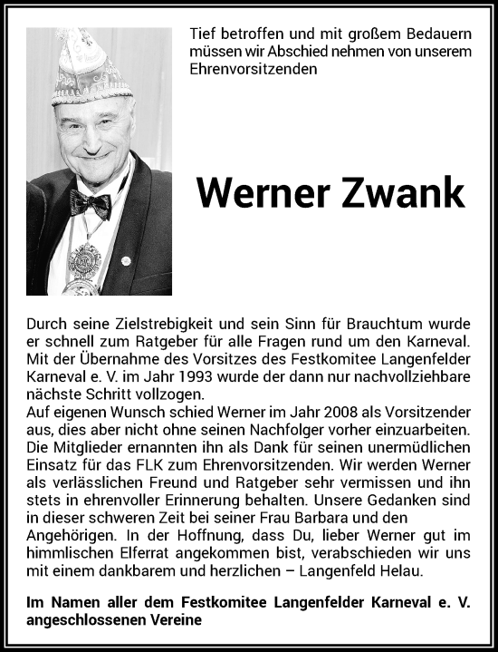 Traueranzeige von Werner Zwank von Rheinische Post