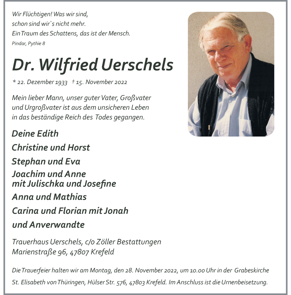  Traueranzeige für Wilfried Uerschels vom 19.11.2022 aus Rheinische Post