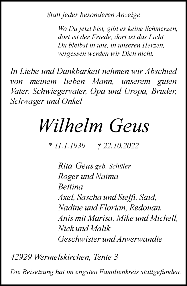  Traueranzeige für Wilhelm Geus vom 09.11.2022 aus Rheinische Post