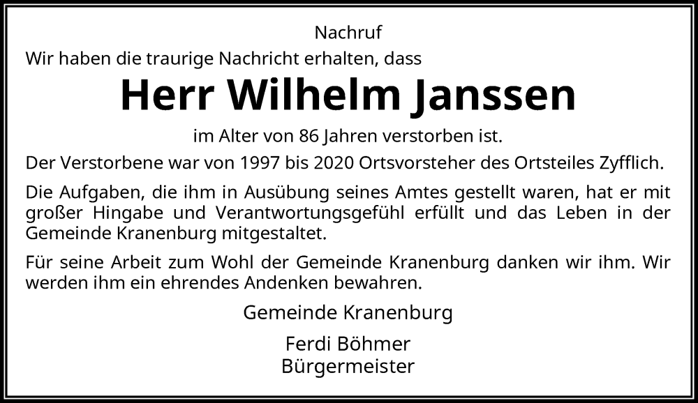  Traueranzeige für Wilhelm Janssen vom 30.11.2022 aus Rheinische Post