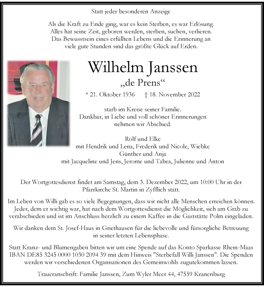  Traueranzeige für Wilhelm Janssen vom 26.11.2022 aus Rheinische Post