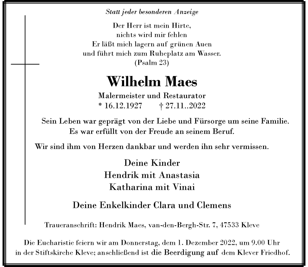  Traueranzeige für Wilhelm Maes vom 29.11.2022 aus Rheinische Post