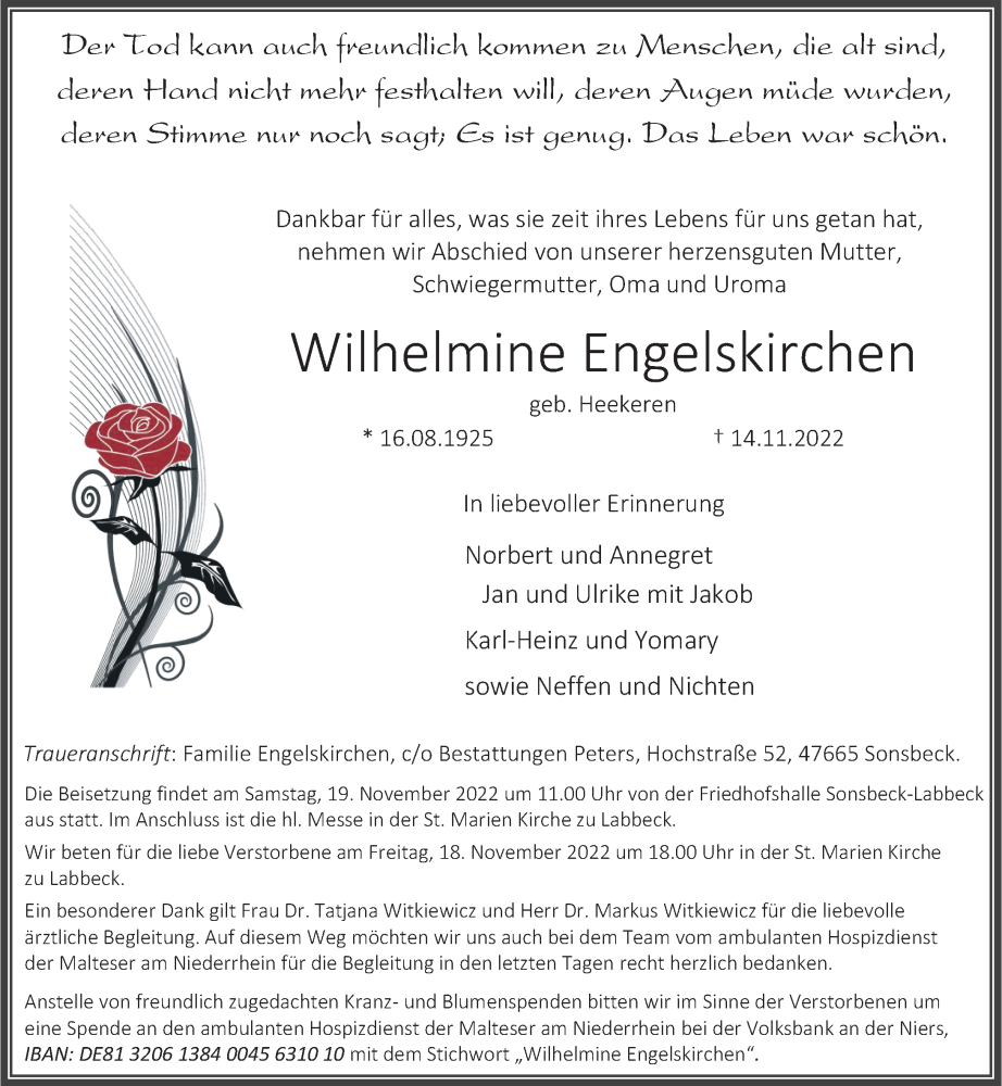  Traueranzeige für Wilhelmine Engelskirchen vom 16.11.2022 aus Rheinische Post