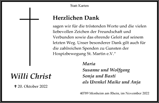 Traueranzeige von Willi Christ von Rheinische Post