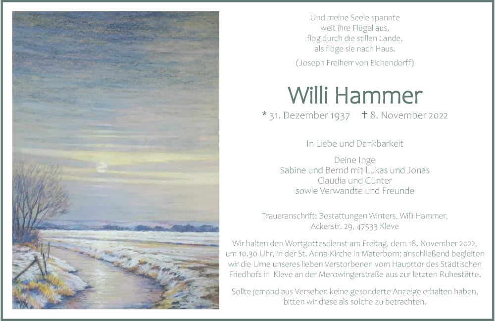  Traueranzeige für Willi Hammer vom 12.11.2022 aus Rheinische Post
