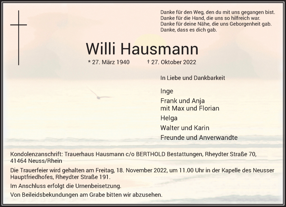  Traueranzeige für Willi Hausmann vom 12.11.2022 aus Rheinische Post