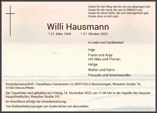 Traueranzeige von Willi Hausmann von Rheinische Post