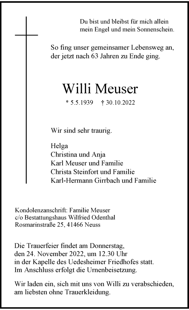  Traueranzeige für Willi Meuser vom 12.11.2022 aus Rheinische Post
