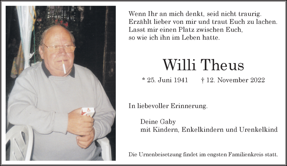  Traueranzeige für Willi Theus vom 19.11.2022 aus Rheinische Post