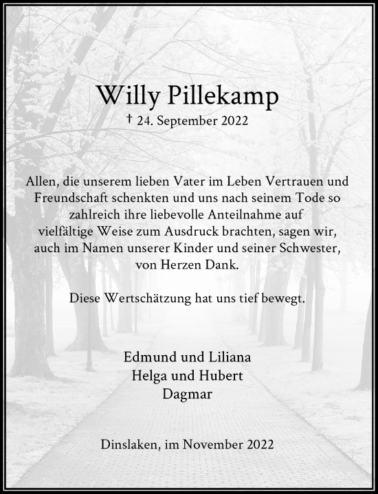 Traueranzeige von Willy Pillekamp von Rheinische Post