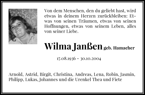 Traueranzeige von Wilma Janßen von Rheinische Post