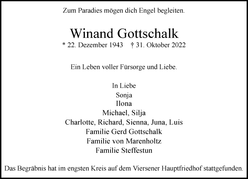  Traueranzeige für Winand Gottschalk vom 12.11.2022 aus Rheinische Post